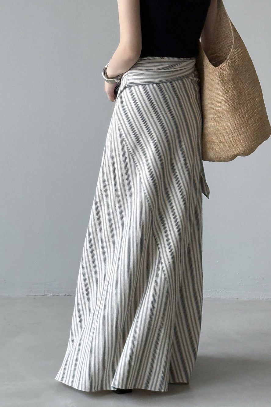 High Waist Striped Tie A Line Maxi Skirt