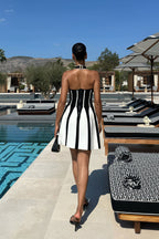 Black And White Halter Waist Cinching Bandage Vacation Mini Dress