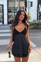 Black Polka Dot Print Spaghetti Strap Backless Cinched Waist Mini Dress