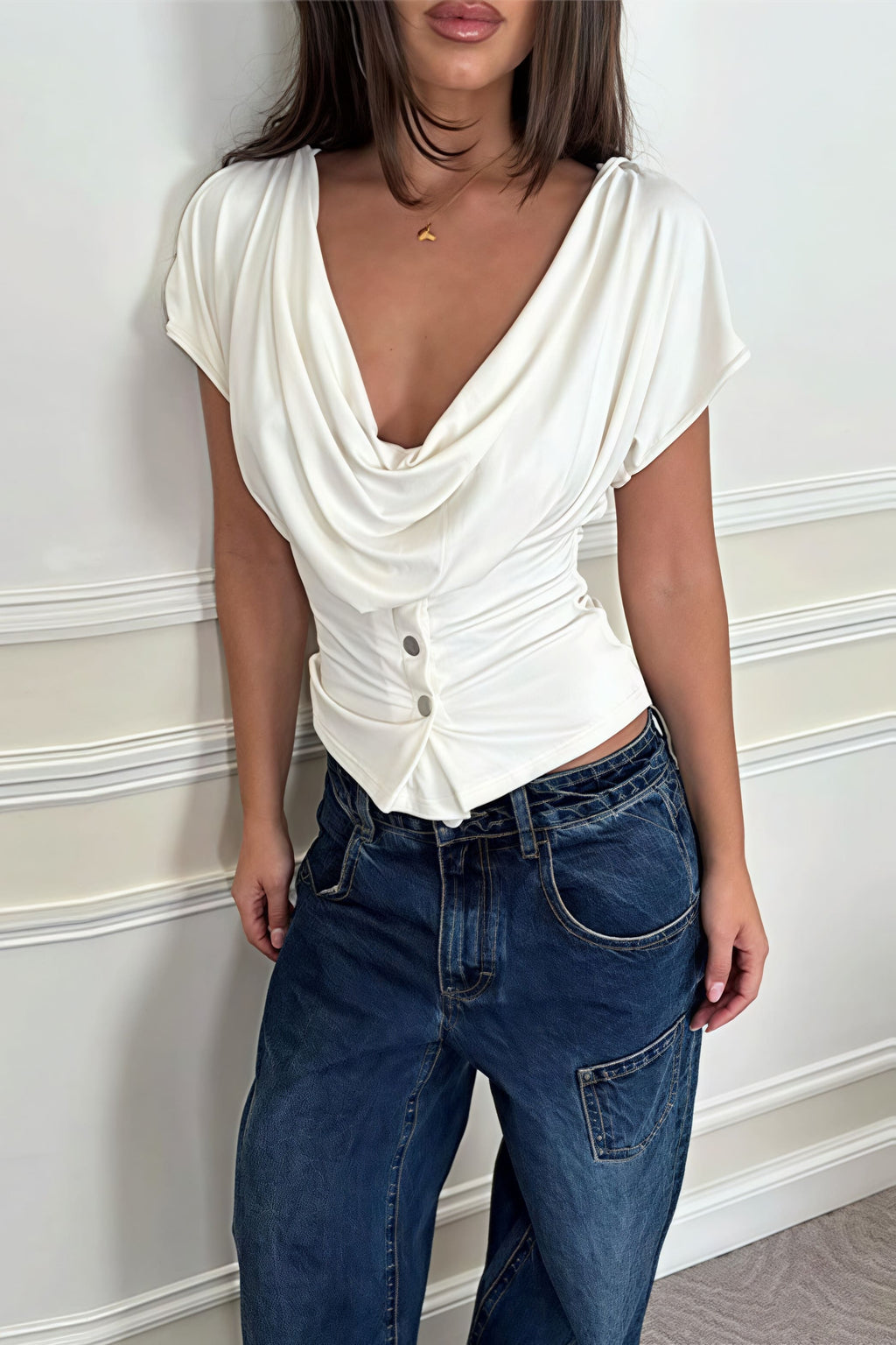 Solid Minimalist Cowl Neck Slim Short Sleeve T-Shirt