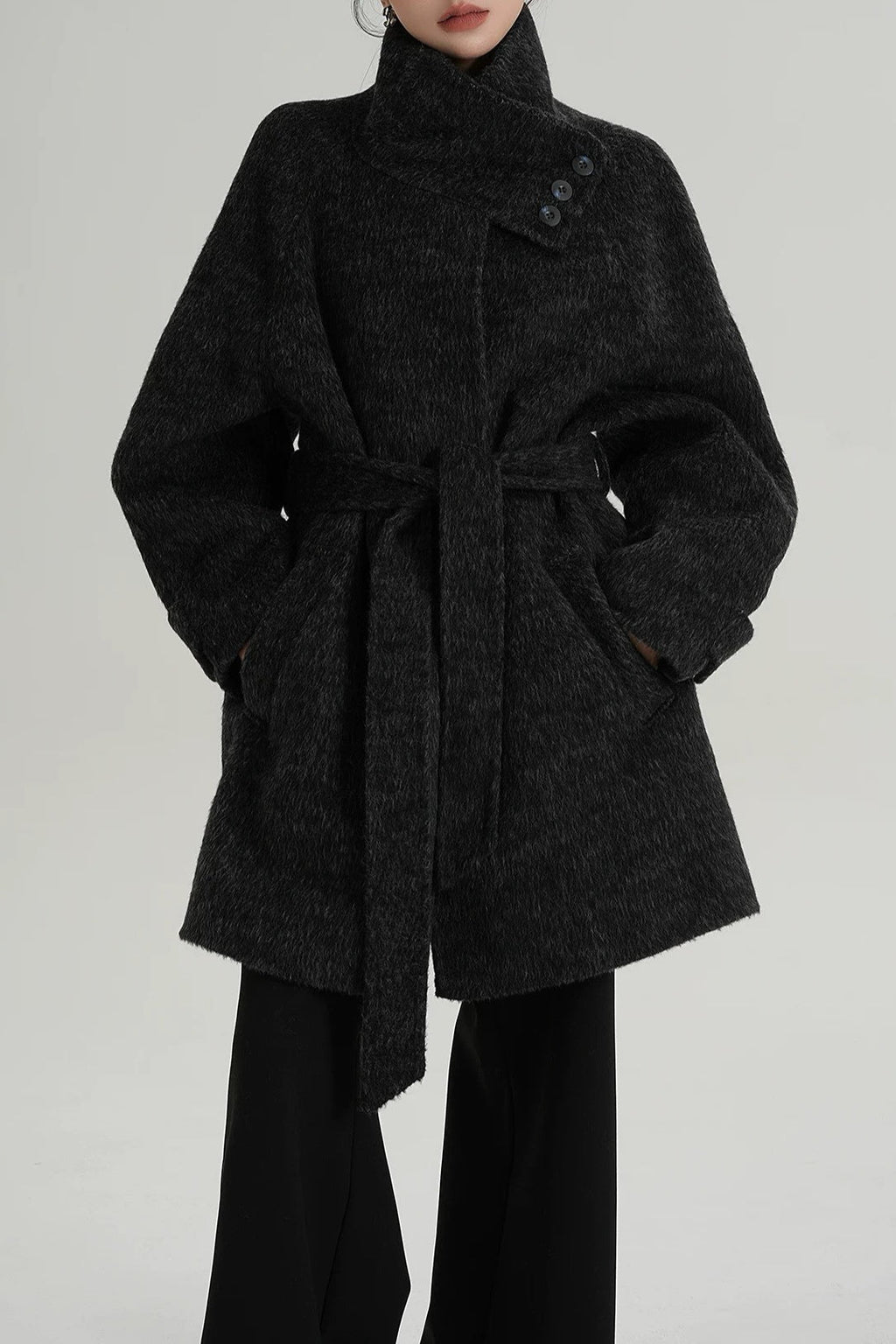 Solid Wool Warm Loose Mock-Neck Coat