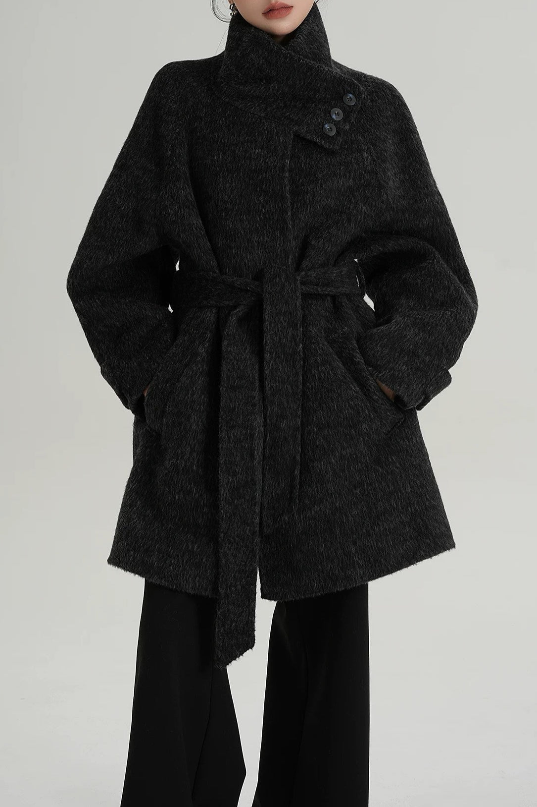 Solid Wool Warm Loose Mock-Neck Coat