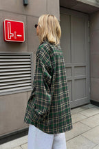 Plaid Mid Length Double Pocket Shirt Blouse