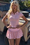 Vintage Stripe Polo Top Low Rise Skirt Sets