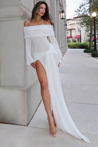 Off Shoulder Cutout Flare Sleeve Fitted Sash Maxi Dress