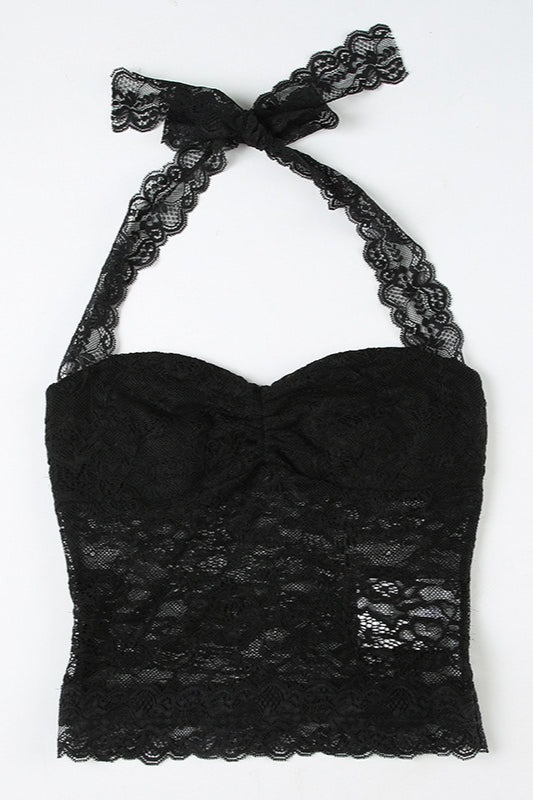 Ruched Tie Lace Slim Halter Top