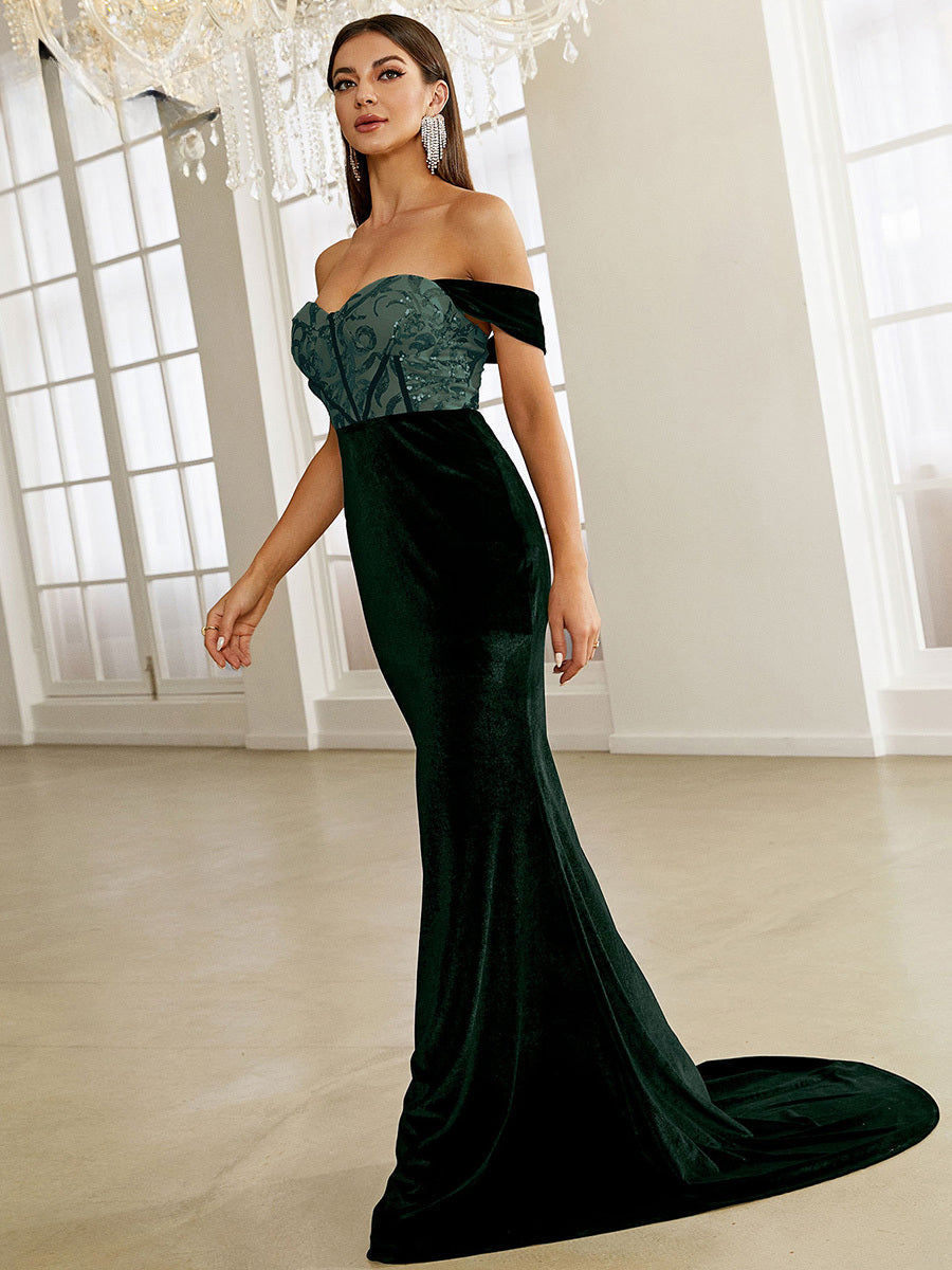 Green Velvet Evening Dress Elegant Off Shoulder Sequin Bodycon Maxi Party