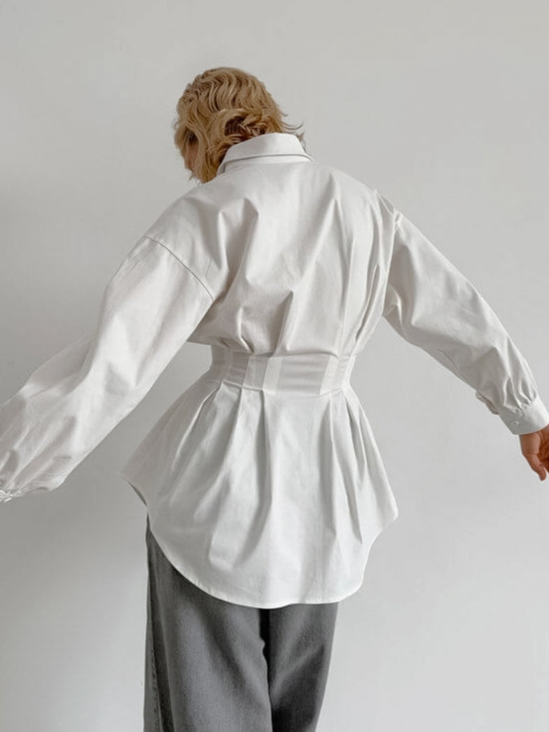 French Long Sleeve Waist-Tied Blouse
