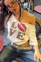 Street Style Leopard Letter Print V Neck Crop Top T-Shirt