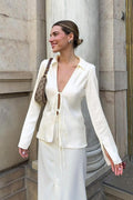 Satin Tie Front Fitted Blouse