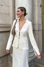 Satin Tie Front Fitted Blouse