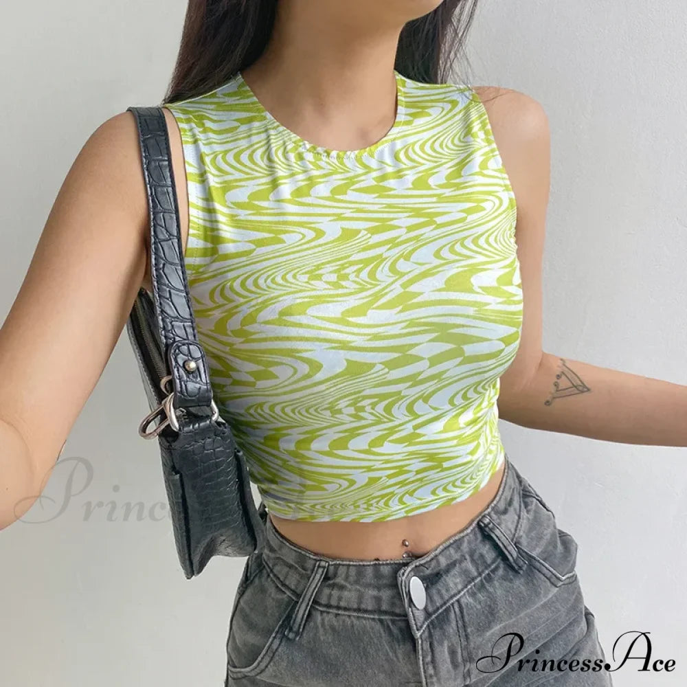90S Aesthetics Striped Print Crops Summer Streetwear Sleeveless O-Neck Green Baby Women Vests Tank Top
