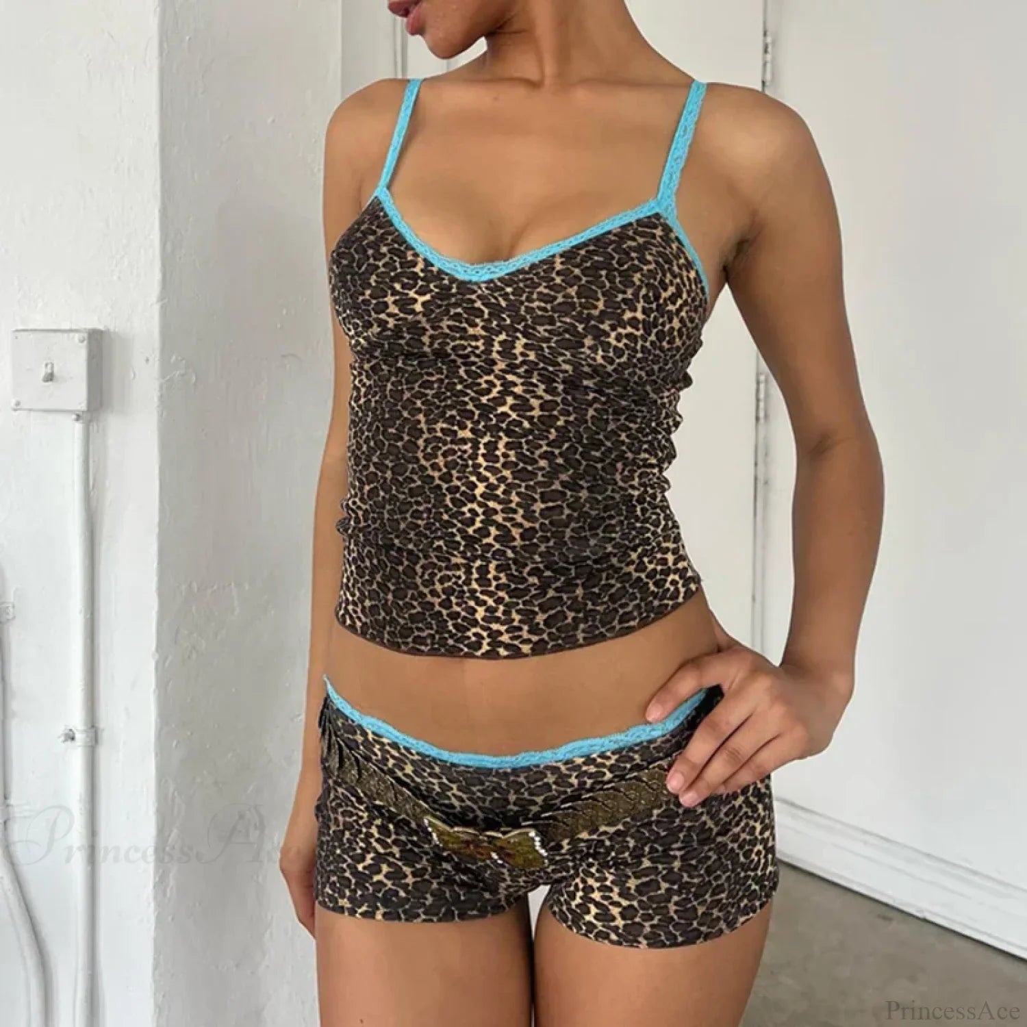 90S Rave Leopard Print 2 Piece Set Lace Trim Spaghetti Strap Camis + Shorts Y2K Vintage Crop Tops Club Party Matching Su