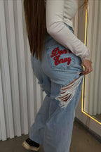 Retro Embroidered Ripped Wide Leg Jeans