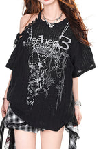Asymmetric Lace Off Shoulder T‑Shirt