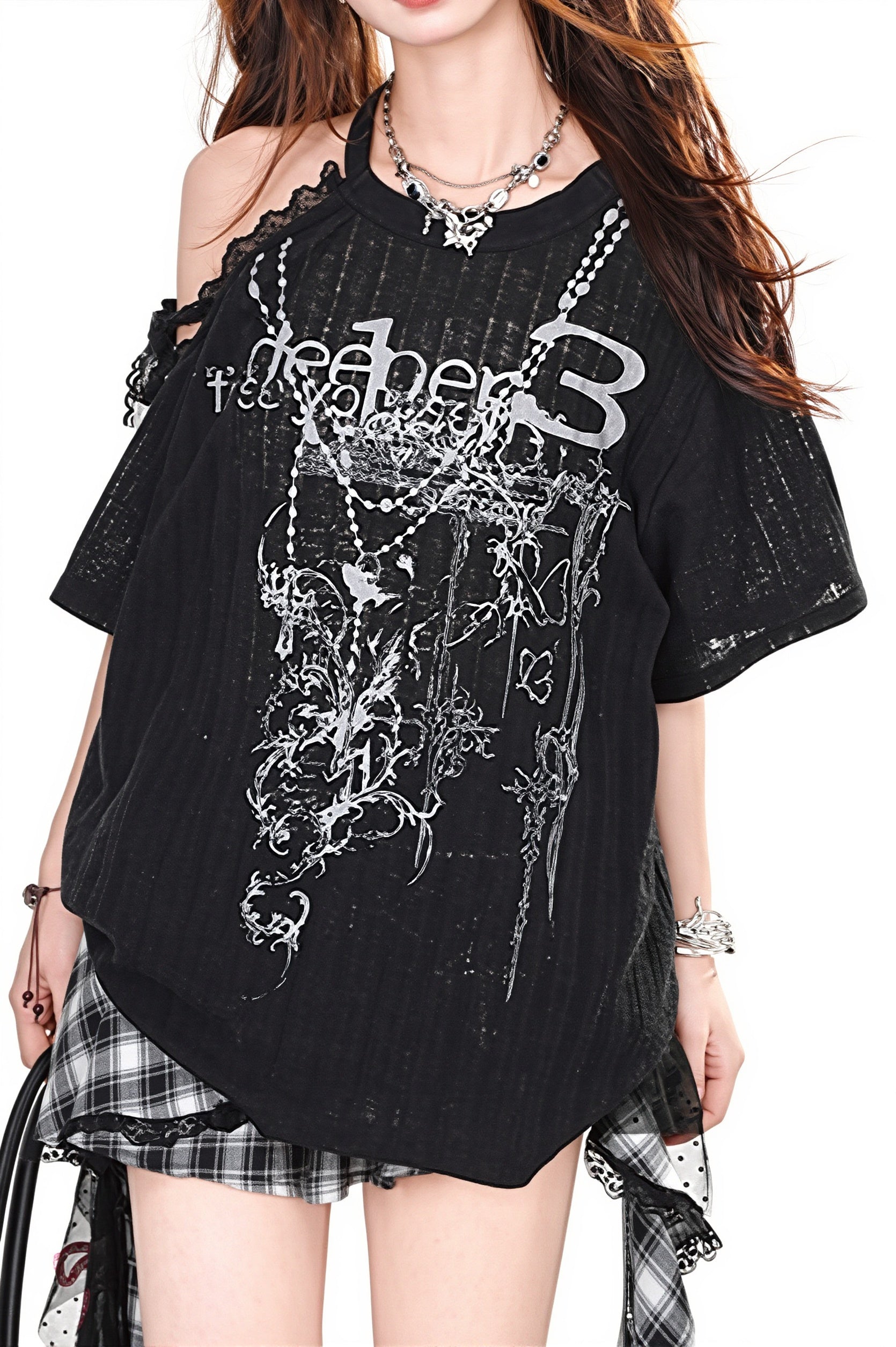 Asymmetric Lace Off Shoulder T‑Shirt