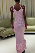 Boho Ruffle Knit Cutout Sheer Cami Maxi Dress