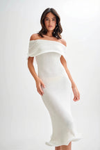 Ruffle Off Shoulder Knit Midi Dress