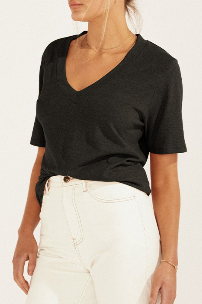 Minimalist Solid Deep V Neck Slub Cotton Loose T-Shirt
