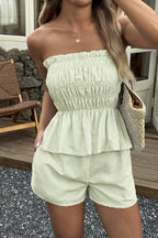Casual Minimalist Stripe Tube Ruffle Shorts Two Piece Set