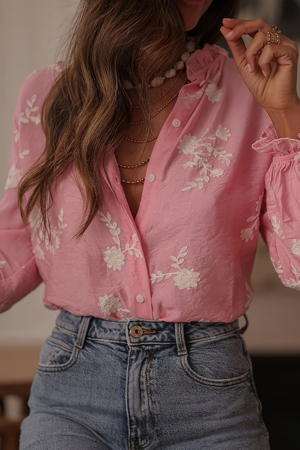 Long Sleeve Printed Lantern Blouse