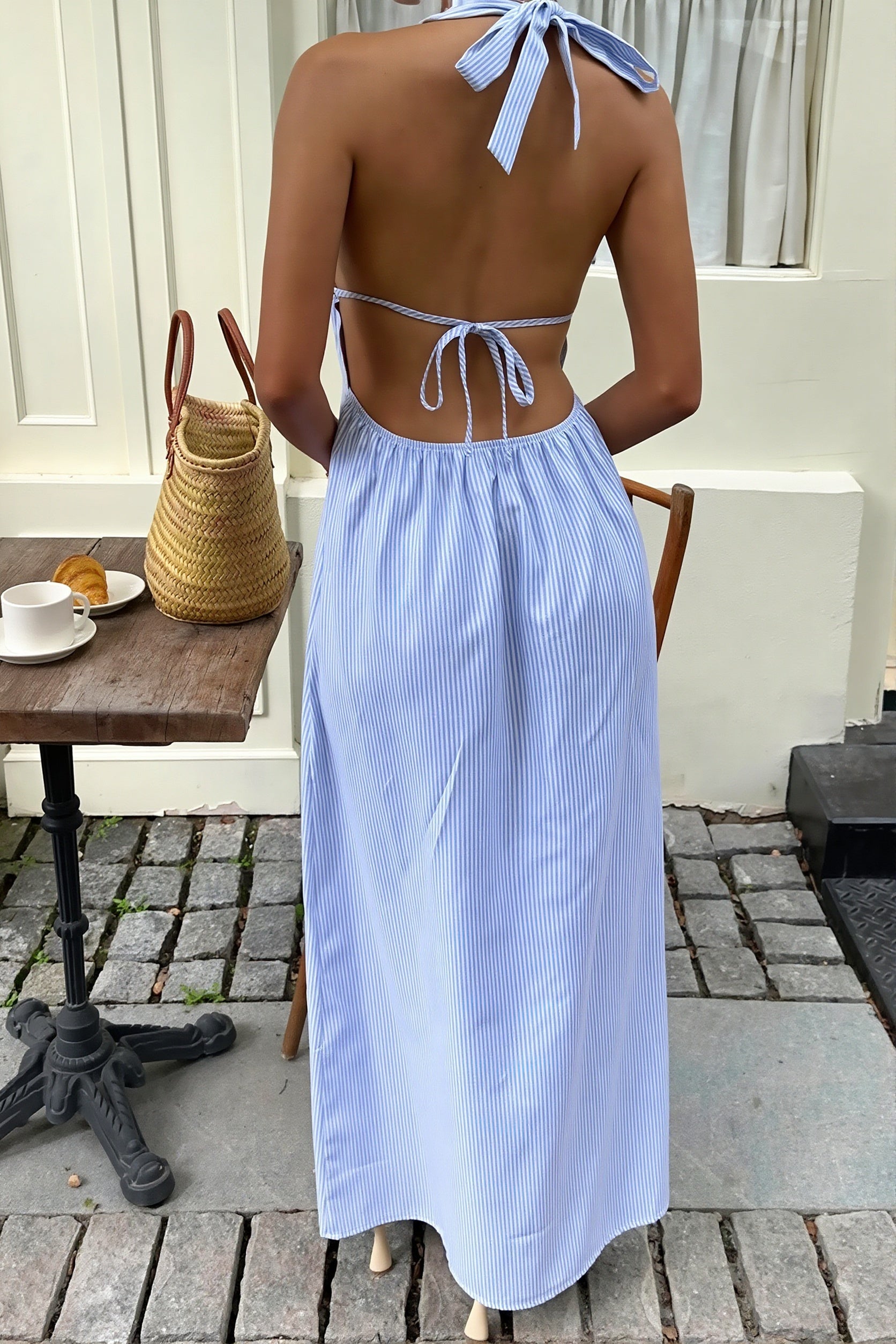 Stripe Halter Backless Lace Up Maxi Dress