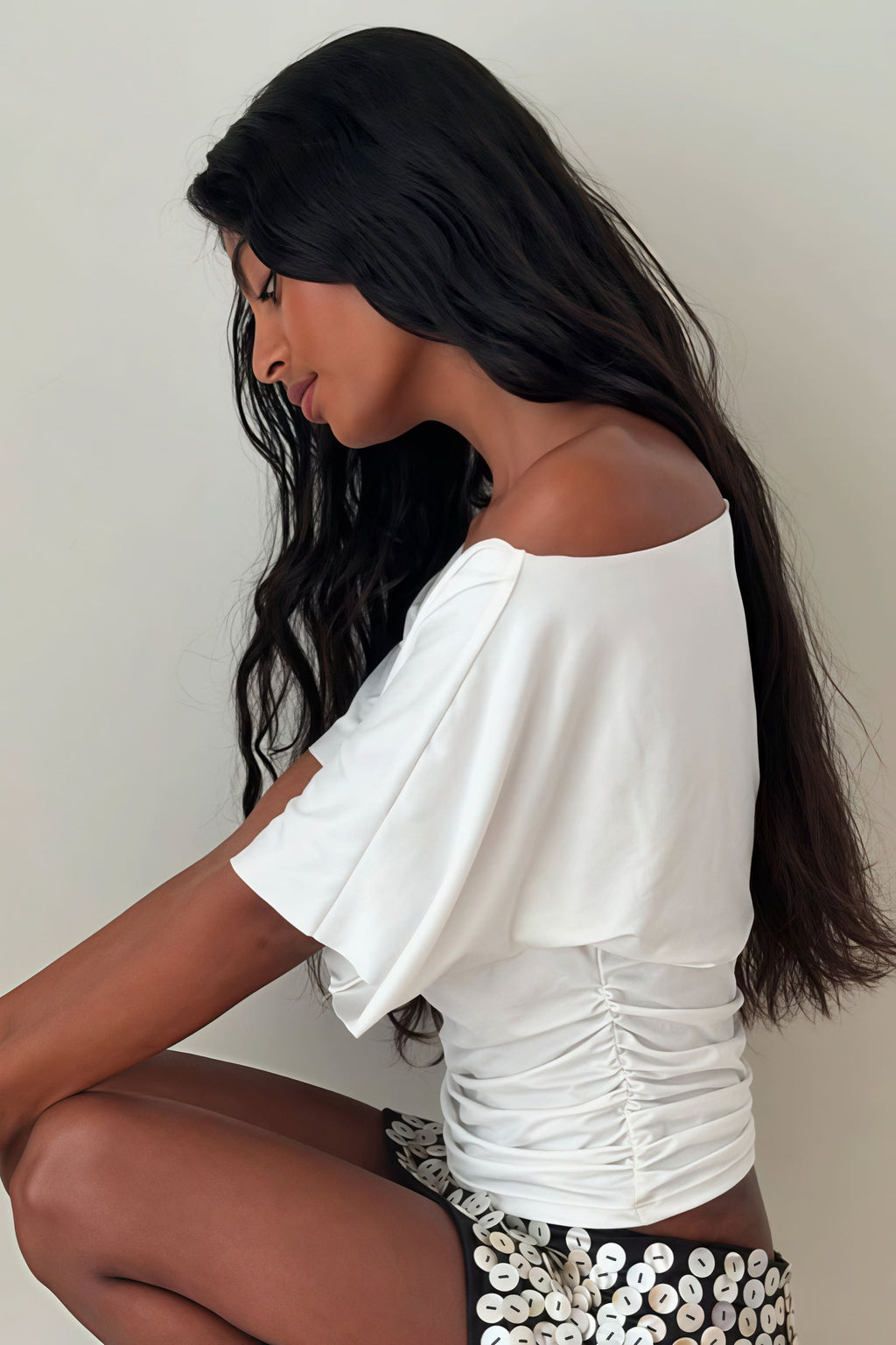 Solid Off Shoulder Shirred Waist T-Shirt