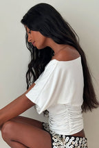 Solid Off Shoulder Shirred Waist T-Shirt