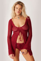 Solid V Neck Tie Knit Hollow Blouse