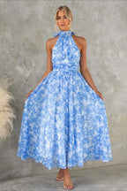 Sleeveless Floral Halter Backless Midi Dress