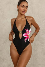 Floral Print Bikini Halter Deep V One Piece Swimwear