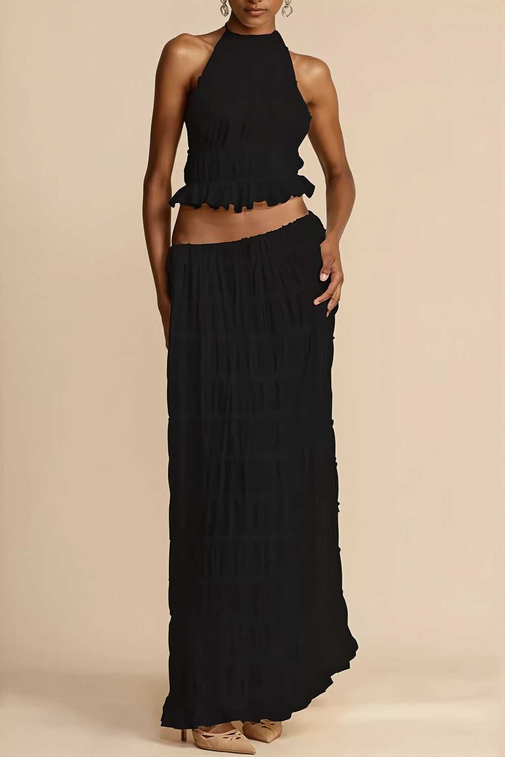 Lace Trim Halter Open Back Ruched Skirt Sets
