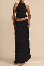 Lace Trim Halter Open Back Ruched Skirt Sets
