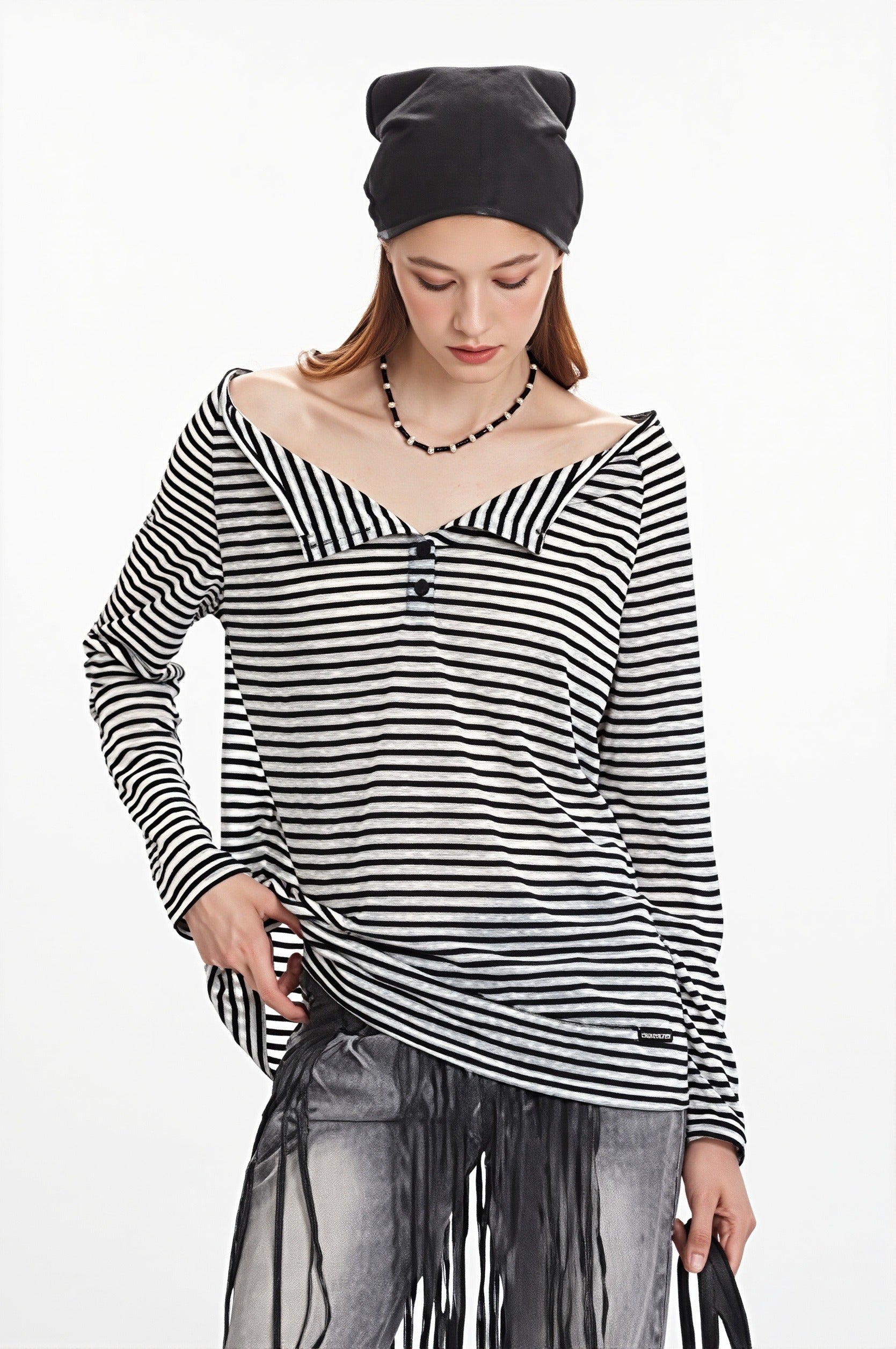 Striped Off Shoulder Long Sleeve T-Shirt