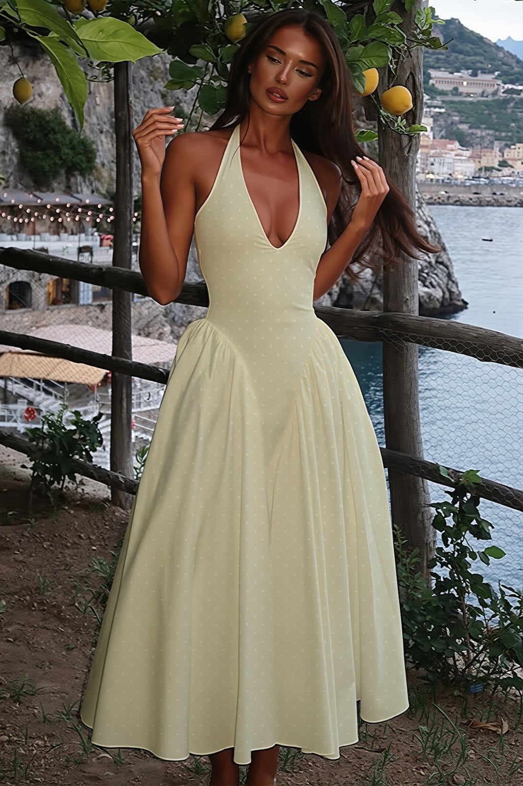 Polka Dot Halter Deep V High Rise Maxi Dress