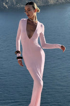 Elegant Deep V-Neck Long Sleeve Bodycon Maxi Dress