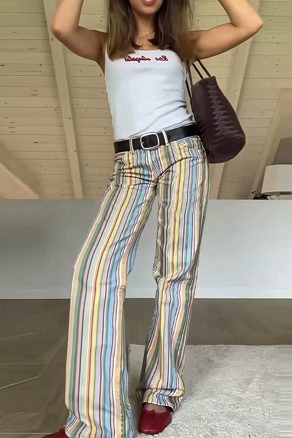 Rainbow Stripe Low Waist Straight Jeans