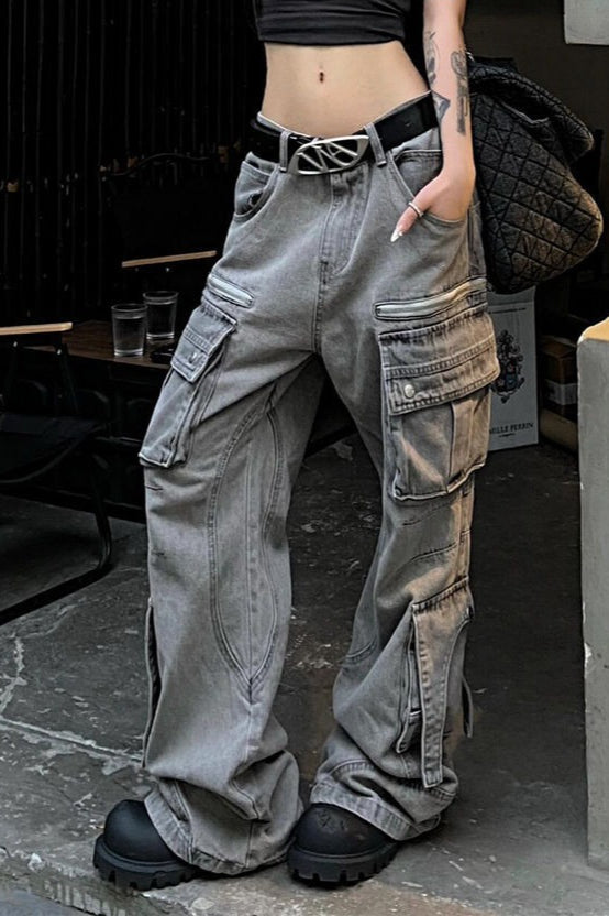 Streetwear Multi-Pocket Cargo Washed Jeans