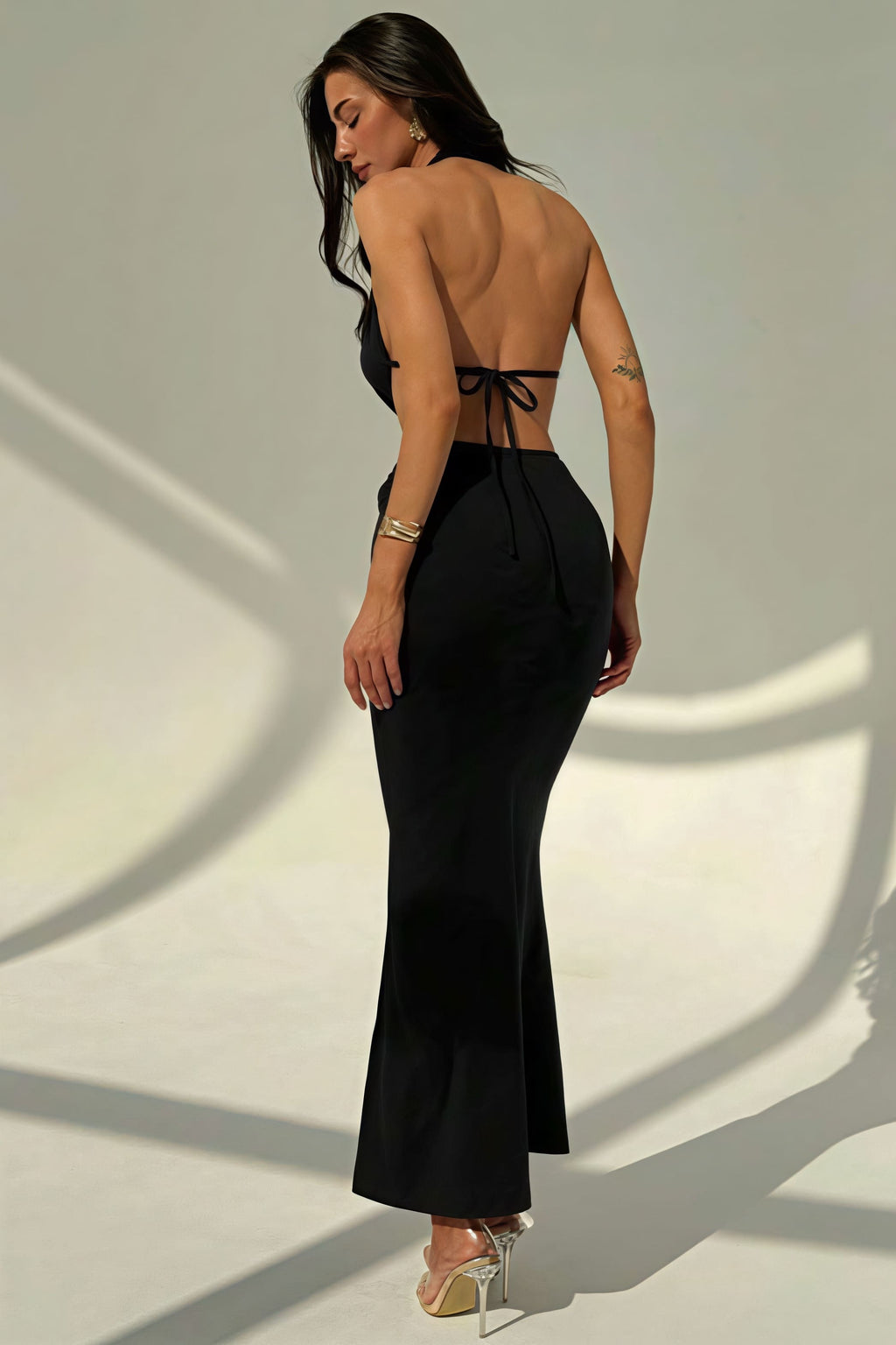 Halter Deep V Neck Backless Metal Maxi Dress
