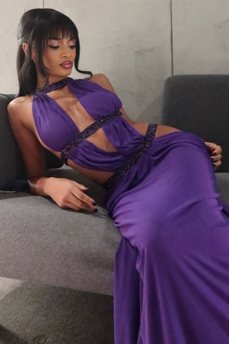 Elegant Cutout Rhinestone Backless Maxi Dress