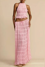 Lace Trim Halter Open Back Ruched Skirt Sets