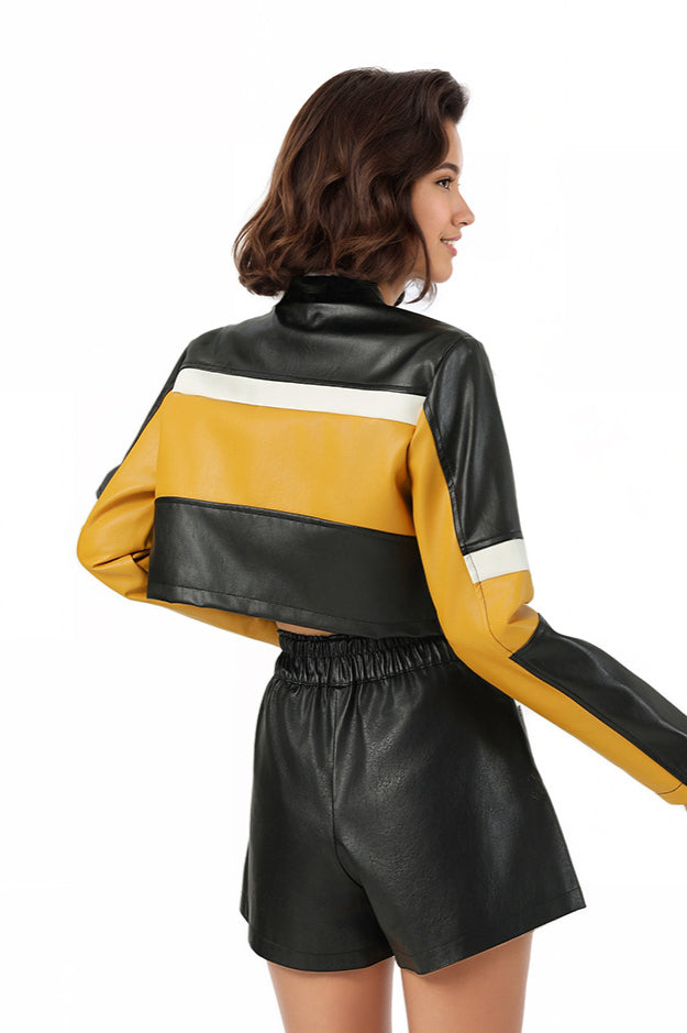 Color-Block Pu Leather Biker Jacket
