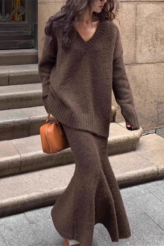 Lazy V-Neck Knit Sweater Mermaid Skirt Two Piece Set