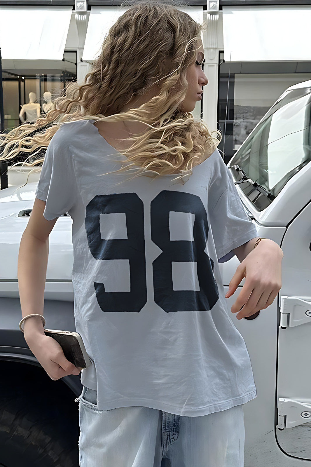 Casual Loose Number Print Off Shoulder Crew T-Shirt