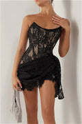Lace Sheer Patchwork Strapless Floral Dress