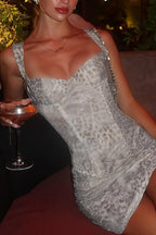 Leopard Print Diamond Neckline Waist Cinching Mini Dress