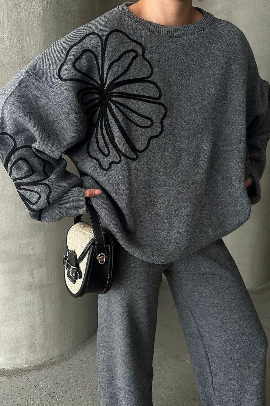 Casual Round Neck Knit Sweater With Pants Two Piece Set