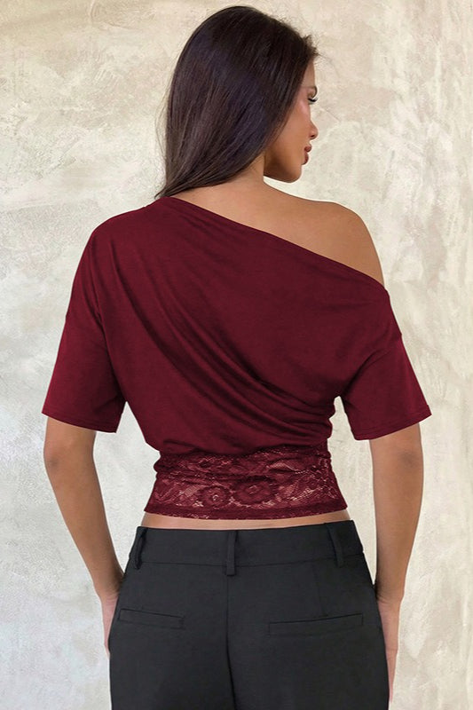 Asymmetric Off Shoulder Lace Waist Slim Crop T-Shirt