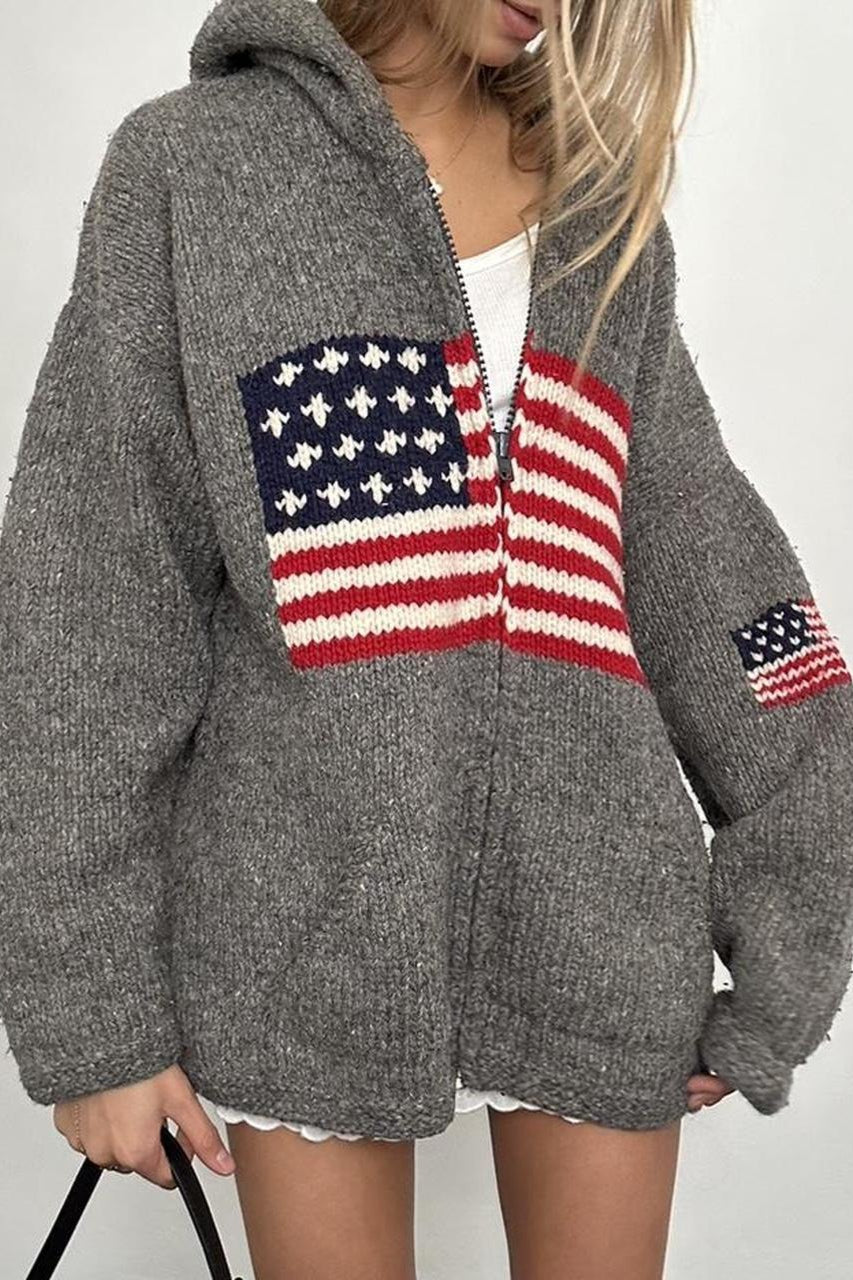 Flag Graphic Knit Zippered Hoodie