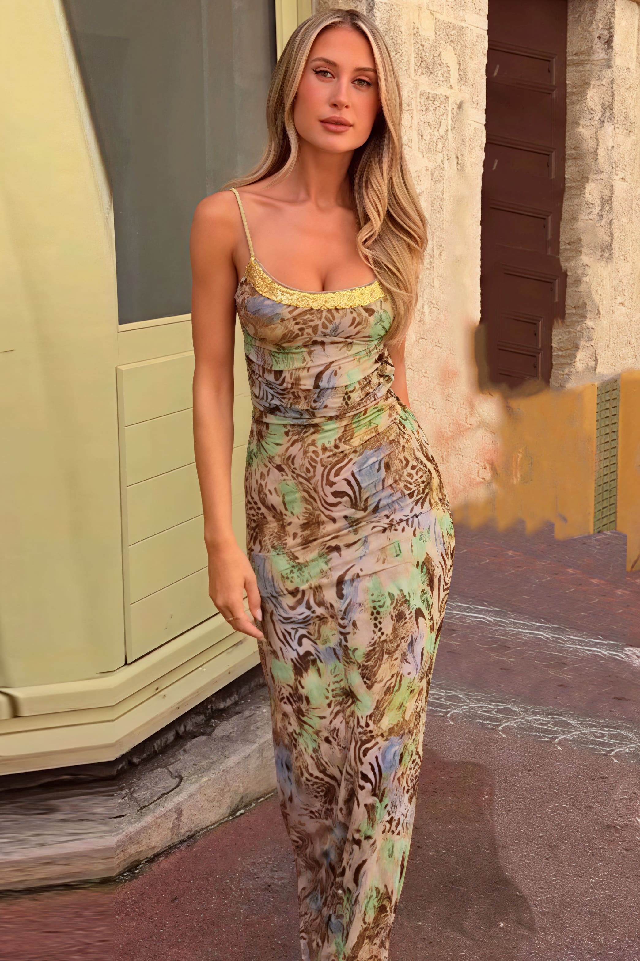Leopard Print Cutout Backless Cami Maxi Dress
